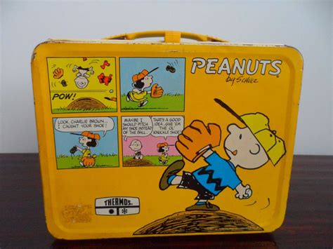 yellow charlie brown metal lunch box|1965 peanuts metal lunch box.